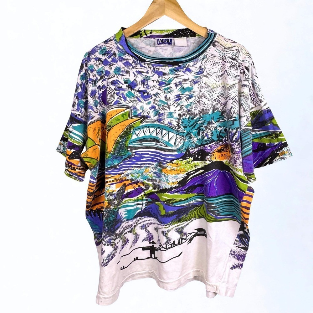 Vintage Laguna T Shirt All Over Print Abstract Landscape Surf 90s Mens XL White